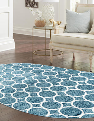 Blue 5' 3 x 8' Matrix Trellis Oval Area Rug 100% Polyester Geometric Pattern Modern Carpet for Living, Dining, Bedroom, Office for Sale at Rug Engine