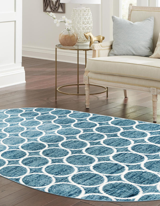 Blue 5' 3 x 8' Matrix Trellis Oval Area Rug 100% Polyester Geometric Pattern Modern Carpet for Living, Dining, Bedroom, Office for Sale at Rug Engine