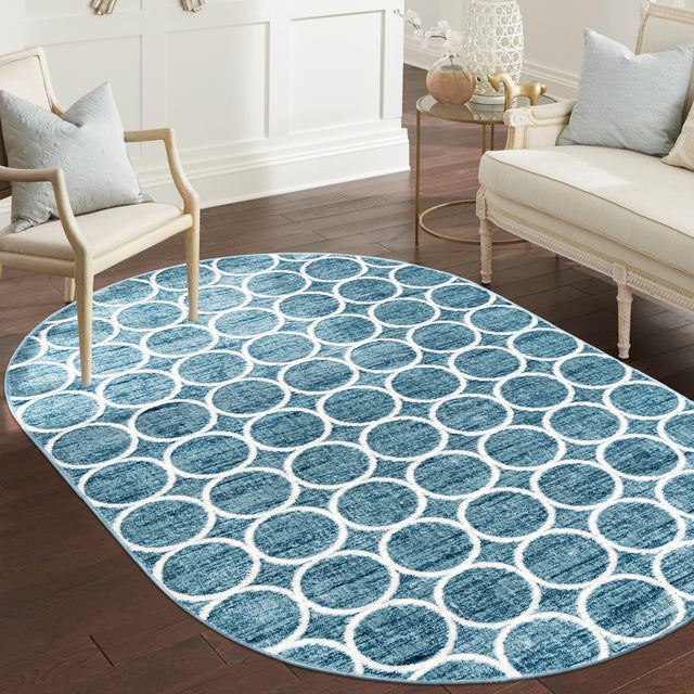 Blue 5' 3 x 8' Matrix Trellis Oval Area Rug 100% Polyester Geometric Pattern Modern Carpet for Living, Dining, Bedroom, Office for Sale at Rug Engine