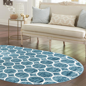 Blue 5' 3 x 8' Matrix Trellis Oval Area Rug 100% Polyester Geometric Pattern Modern Carpet for Living, Dining, Bedroom, Office for Sale at Rug Engine