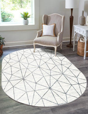 White 5' 3 x 8' Matrix Trellis Oval Area Rug 100% Polyester Geometric Pattern Modern Carpet for Living, Dining, Bedroom, Office for Sale at Rug Engine