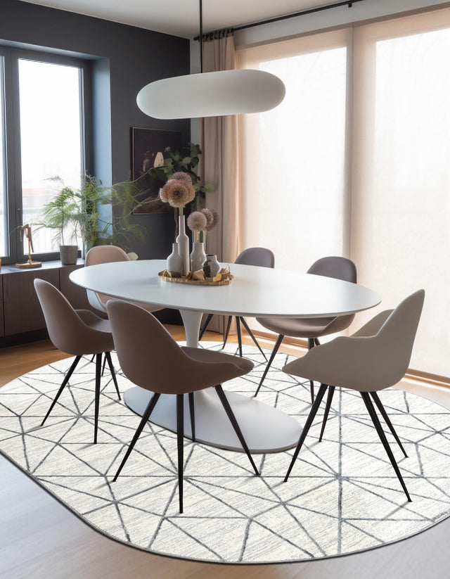 White 5' 3 x 8' Matrix Trellis Oval Area Rug 100% Polyester Geometric Pattern Modern Carpet for Living, Dining, Bedroom, Office for Sale at Rug Engine