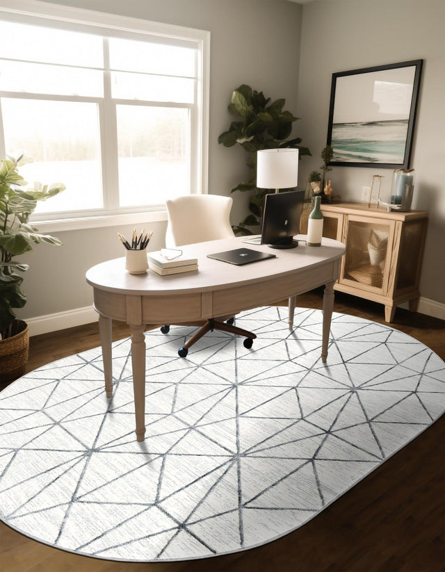 White 5' 3 x 8' Matrix Trellis Oval Area Rug 100% Polyester Geometric Pattern Modern Carpet for Living, Dining, Bedroom, Office for Sale at Rug Engine