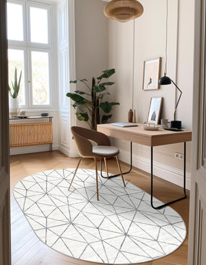 White 5' 3 x 8' Matrix Trellis Oval Area Rug 100% Polyester Geometric Pattern Modern Carpet for Living, Dining, Bedroom, Office for Sale at Rug Engine
