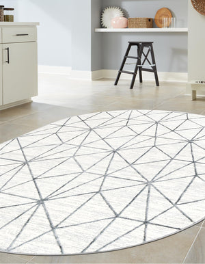 White 5' 3 x 8' Matrix Trellis Oval Area Rug 100% Polyester Geometric Pattern Modern Carpet for Living, Dining, Bedroom, Office for Sale at Rug Engine