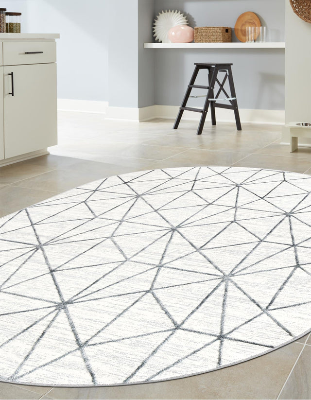 White 5' 3 x 8' Matrix Trellis Oval Area Rug 100% Polyester Geometric Pattern Modern Carpet for Living, Dining, Bedroom, Office for Sale at Rug Engine