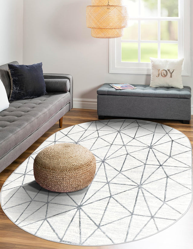 White 5' 3 x 8' Matrix Trellis Oval Area Rug 100% Polyester Geometric Pattern Modern Carpet for Living, Dining, Bedroom, Office for Sale at Rug Engine