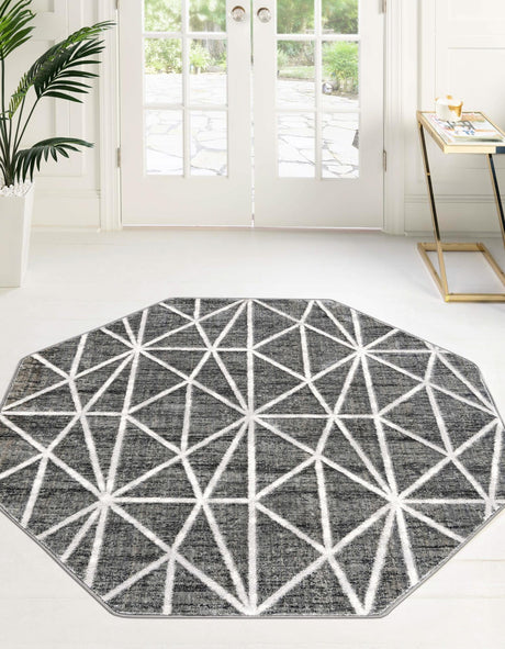 Gray 5' 3 x 5' 3 Matrix Trellis Octagon Area Rug 100% Polyester Geometric Pattern Modern Carpet for Living, Dining, Bedroom, Office for Sale at Rug Engine