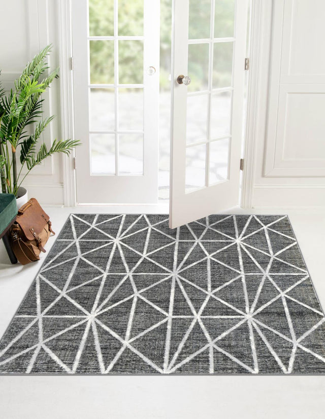Gray 7' x 7' Matrix Trellis Square Area Rug 100% Polyester Geometric Pattern Modern Carpet for Living, Dining, Bedroom, Office for Sale at Rug Engine