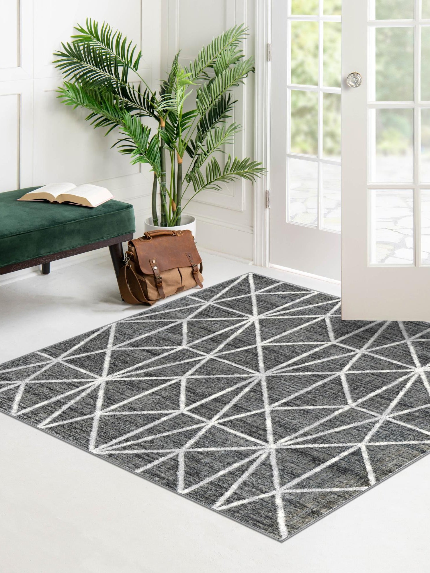 Gray 7' x 7' Matrix Trellis Square Area Rug 100% Polyester Geometric Pattern Modern Carpet for Living, Dining, Bedroom, Office for Sale at Rug Engine