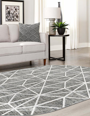 Gray 5' 3 x 8' Matrix Trellis Oval Area Rug 100% Polyester Geometric Pattern Modern Carpet for Living, Dining, Bedroom, Office for Sale at Rug Engine