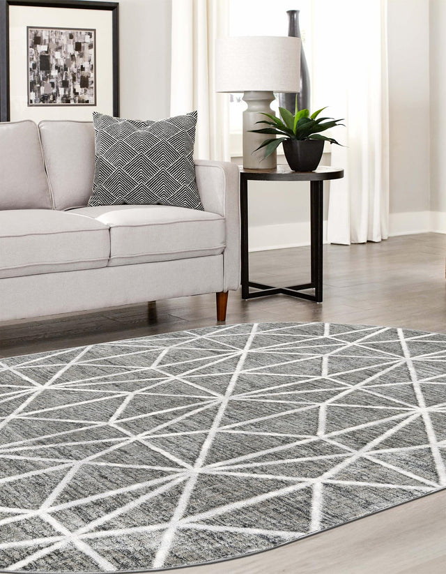 Gray 5' 3 x 8' Matrix Trellis Oval Area Rug 100% Polyester Geometric Pattern Modern Carpet for Living, Dining, Bedroom, Office for Sale at Rug Engine