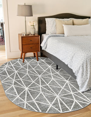 Gray 5' 3 x 8' Matrix Trellis Oval Area Rug 100% Polyester Geometric Pattern Modern Carpet for Living, Dining, Bedroom, Office for Sale at Rug Engine