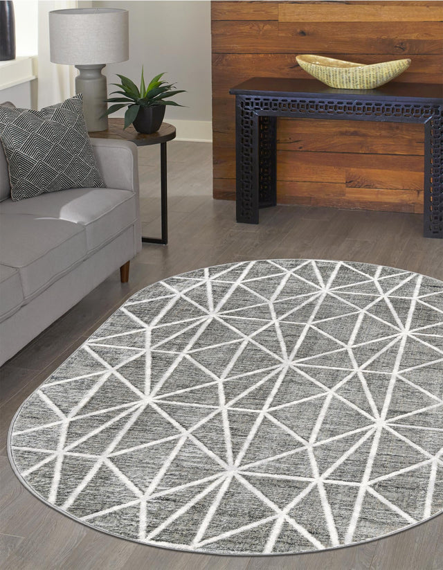 Gray 5' 3 x 8' Matrix Trellis Oval Area Rug 100% Polyester Geometric Pattern Modern Carpet for Living, Dining, Bedroom, Office for Sale at Rug Engine