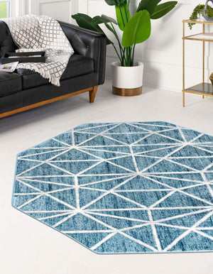 Blue 5' 3 x 5' 3 Matrix Trellis Octagon Area Rug 100% Polyester Geometric Pattern Modern Carpet for Living, Dining, Bedroom, Office for Sale at Rug Engine