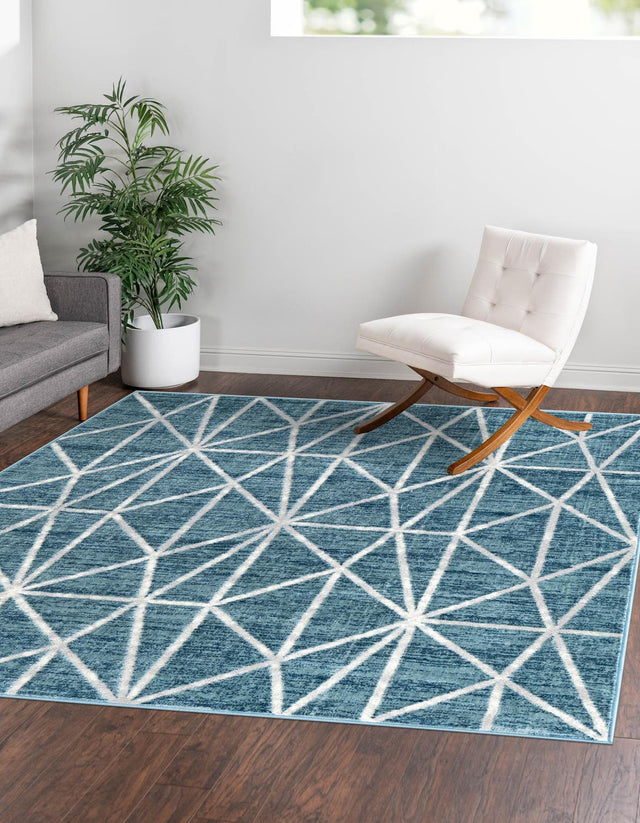 Blue 5' 3 x 5' 3 Matrix Trellis Square Area Rug 100% Polyester Geometric Pattern Modern Carpet for Living, Dining, Bedroom, Office for Sale at Rug Engine