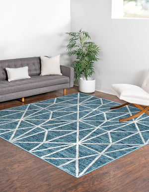 Blue 5' 3 x 5' 3 Matrix Trellis Square Area Rug 100% Polyester Geometric Pattern Modern Carpet for Living, Dining, Bedroom, Office for Sale at Rug Engine