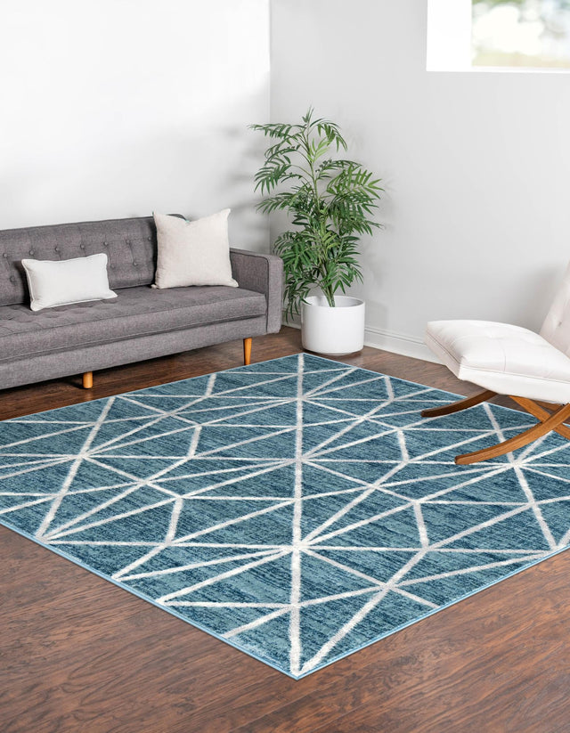 Blue 5' 3 x 5' 3 Matrix Trellis Square Area Rug 100% Polyester Geometric Pattern Modern Carpet for Living, Dining, Bedroom, Office for Sale at Rug Engine