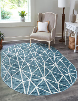Blue 5' 3 x 8' Matrix Trellis Oval Area Rug 100% Polyester Geometric Pattern Modern Carpet for Living, Dining, Bedroom, Office for Sale at Rug Engine