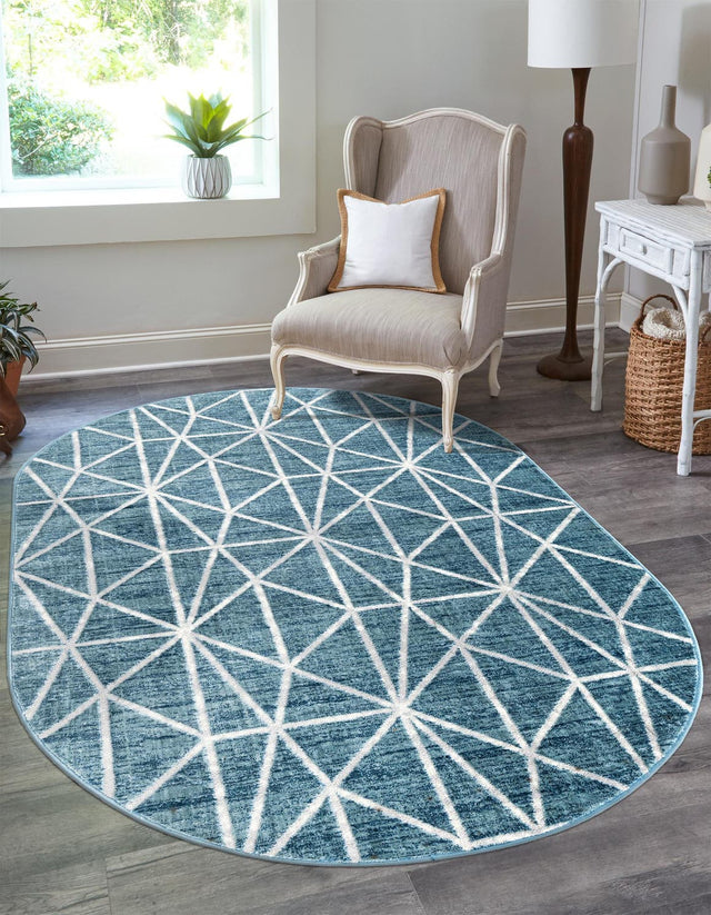 Blue 5' 3 x 8' Matrix Trellis Oval Area Rug 100% Polyester Geometric Pattern Modern Carpet for Living, Dining, Bedroom, Office for Sale at Rug Engine