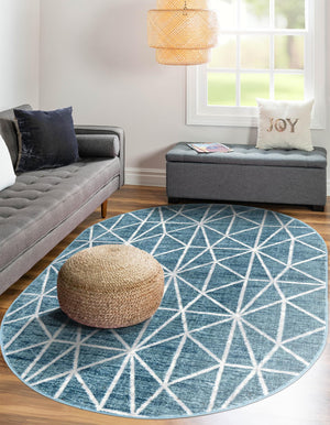Blue 5' 3 x 8' Matrix Trellis Oval Area Rug 100% Polyester Geometric Pattern Modern Carpet for Living, Dining, Bedroom, Office for Sale at Rug Engine
