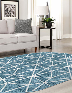 Blue 5' 3 x 8' Matrix Trellis Oval Area Rug 100% Polyester Geometric Pattern Modern Carpet for Living, Dining, Bedroom, Office for Sale at Rug Engine