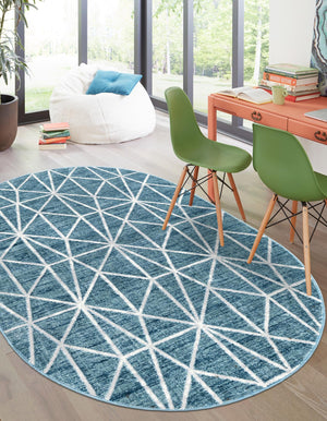 Blue 5' 3 x 8' Matrix Trellis Oval Area Rug 100% Polyester Geometric Pattern Modern Carpet for Living, Dining, Bedroom, Office for Sale at Rug Engine