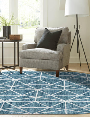 Blue 5' 3 x 8' Matrix Trellis Oval Area Rug 100% Polyester Geometric Pattern Modern Carpet for Living, Dining, Bedroom, Office for Sale at Rug Engine