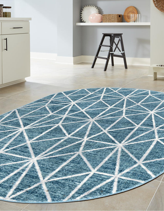 Blue 5' 3 x 8' Matrix Trellis Oval Area Rug 100% Polyester Geometric Pattern Modern Carpet for Living, Dining, Bedroom, Office for Sale at Rug Engine