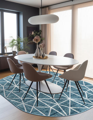 Blue 5' 3 x 8' Matrix Trellis Oval Area Rug 100% Polyester Geometric Pattern Modern Carpet for Living, Dining, Bedroom, Office for Sale at Rug Engine