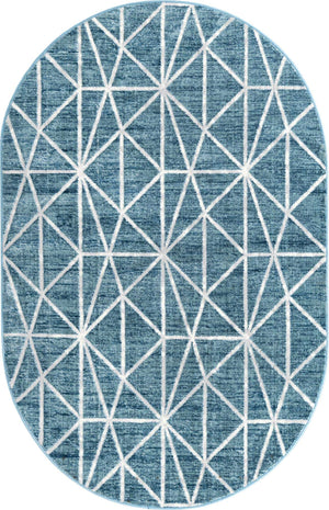 Blue 5' 3 x 8' Matrix Trellis Oval Area Rug 100% Polyester Geometric Pattern Modern Carpet for Living, Dining, Bedroom, Office for Sale at Rug Engine