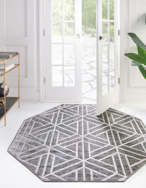 Gray 5' 3 x 5' 3 Matrix Trellis Octagon Area Rug 100% Polyester Geometric Pattern Modern Carpet for Living, Dining, Bedroom, Office for Sale at Rug Engine