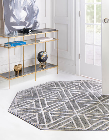 Gray 5' 3 x 5' 3 Matrix Trellis Octagon Area Rug 100% Polyester Geometric Pattern Modern Carpet for Living, Dining, Bedroom, Office for Sale at Rug Engine