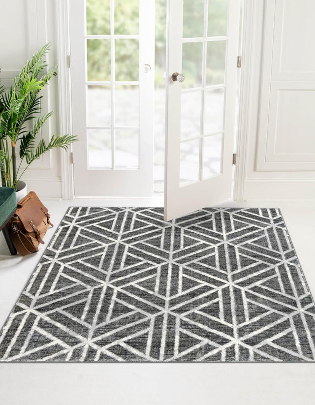 Gray 7' x 7' Matrix Trellis Square Area Rug 100% Polyester Geometric Pattern Modern Carpet for Living, Dining, Bedroom, Office for Sale at Rug Engine