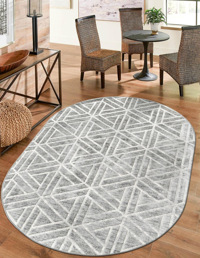 Gray 5' 3 x 8' Matrix Trellis Oval Area Rug 100% Polyester Geometric Pattern Modern Carpet for Living, Dining, Bedroom, Office for Sale at Rug Engine