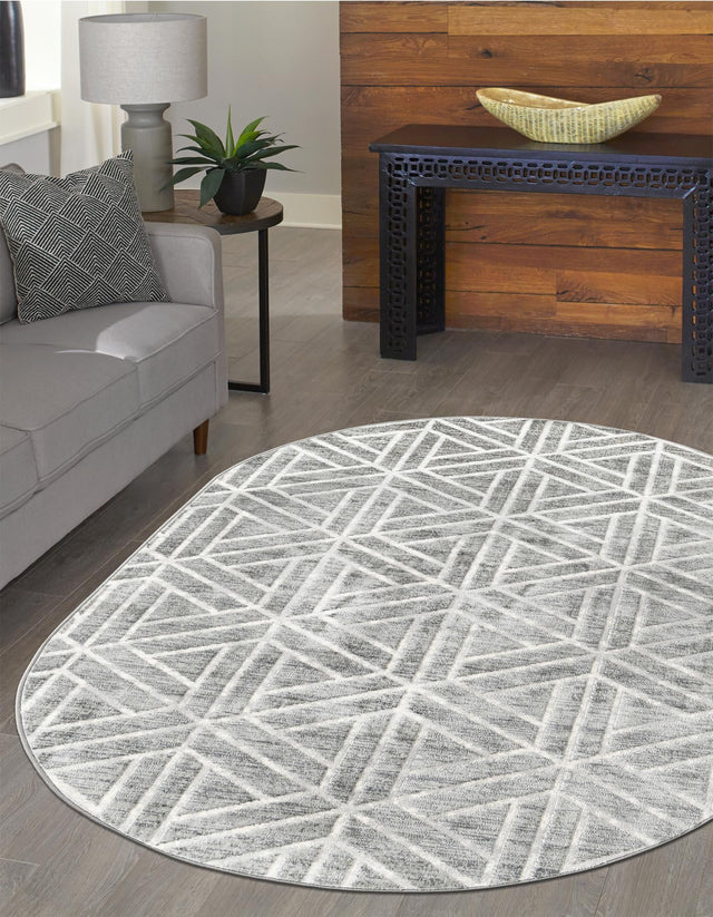 Gray 5' 3 x 8' Matrix Trellis Oval Area Rug 100% Polyester Geometric Pattern Modern Carpet for Living, Dining, Bedroom, Office for Sale at Rug Engine