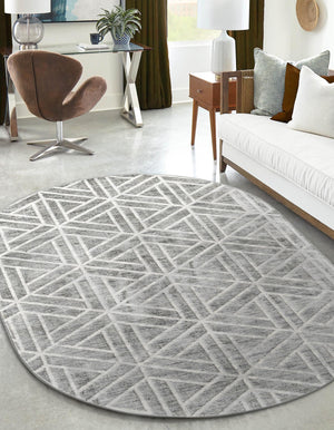 Gray 5' 3 x 8' Matrix Trellis Oval Area Rug 100% Polyester Geometric Pattern Modern Carpet for Living, Dining, Bedroom, Office for Sale at Rug Engine