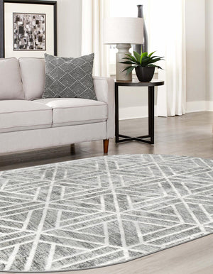 Gray 5' 3 x 8' Matrix Trellis Oval Area Rug 100% Polyester Geometric Pattern Modern Carpet for Living, Dining, Bedroom, Office for Sale at Rug Engine