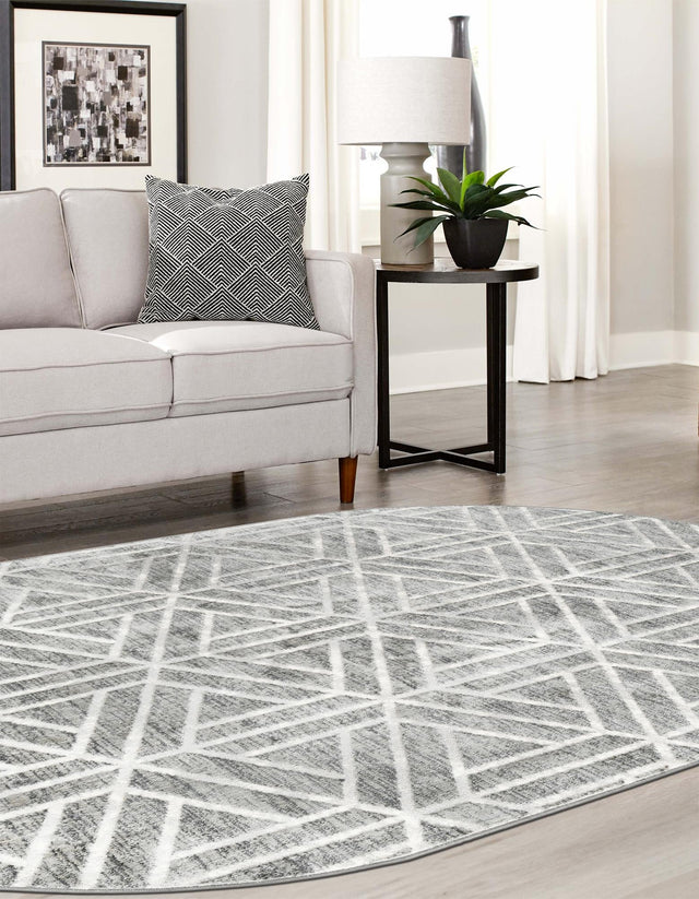 Gray 5' 3 x 8' Matrix Trellis Oval Area Rug 100% Polyester Geometric Pattern Modern Carpet for Living, Dining, Bedroom, Office for Sale at Rug Engine