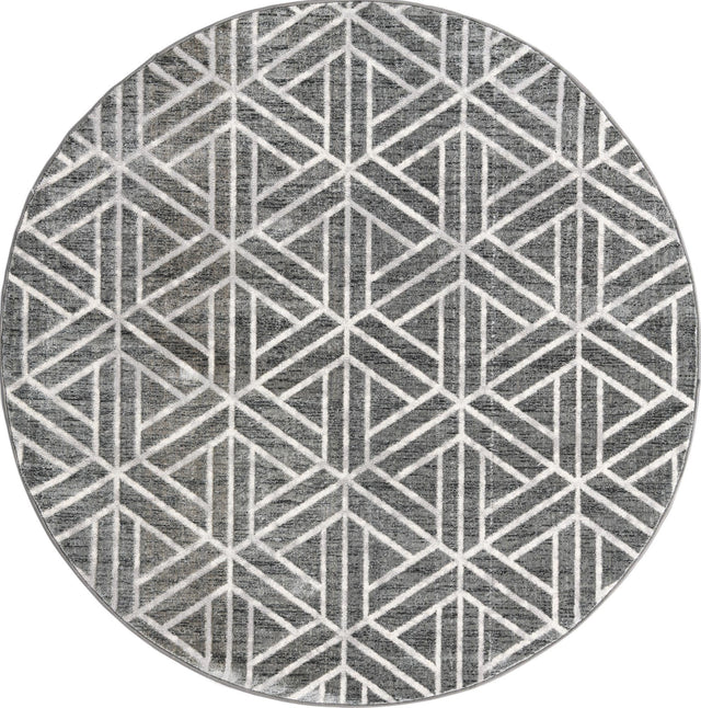 Gray 7' x 7' Matrix Trellis Round Area Rug 100% Polyester Geometric Pattern Modern Carpet for Living, Dining, Bedroom, Office for Sale at Rug Engine