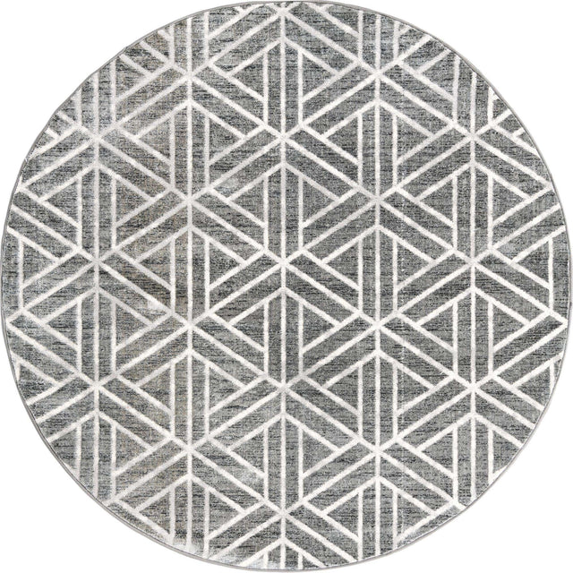 Gray 7' x 7' Matrix Trellis Round Area Rug 100% Polyester Geometric Pattern Modern Carpet for Living, Dining, Bedroom, Office for Sale at Rug Engine