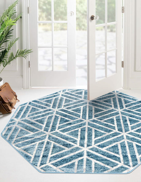 Blue 5' 3 x 5' 3 Matrix Trellis Octagon Area Rug 100% Polyester Geometric Pattern Modern Carpet for Living, Dining, Bedroom, Office for Sale at Rug Engine