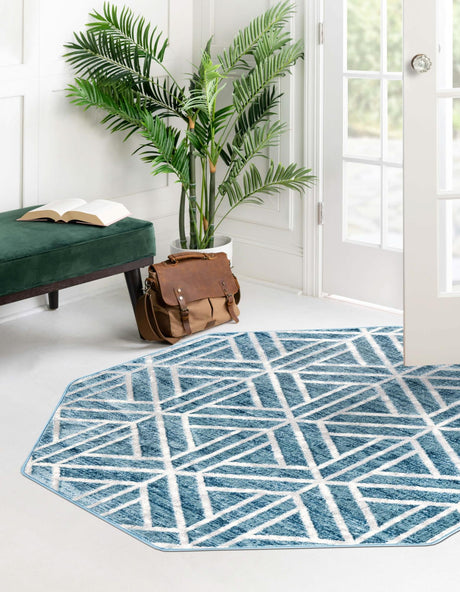 Blue 5' 3 x 5' 3 Matrix Trellis Octagon Area Rug 100% Polyester Geometric Pattern Modern Carpet for Living, Dining, Bedroom, Office for Sale at Rug Engine