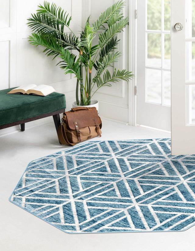 Blue 5' 3 x 5' 3 Matrix Trellis Octagon Area Rug 100% Polyester Geometric Pattern Modern Carpet for Living, Dining, Bedroom, Office for Sale at Rug Engine