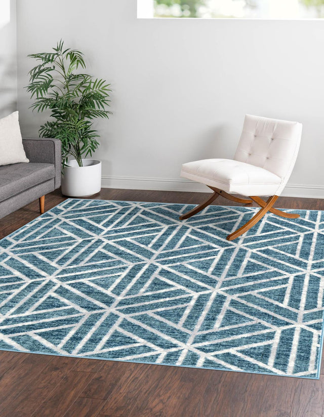 Blue 7' x 7' Matrix Trellis Square Area Rug 100% Polyester Geometric Pattern Modern Carpet for Living, Dining, Bedroom, Office for Sale at Rug Engine