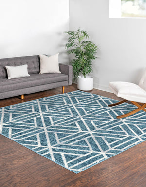 Blue 5' 3 x 5' 3 Matrix Trellis Square Area Rug 100% Polyester Geometric Pattern Modern Carpet for Living, Dining, Bedroom, Office for Sale at Rug Engine