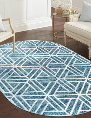 Blue 5' 3 x 8' Matrix Trellis Oval Area Rug 100% Polyester Geometric Pattern Modern Carpet for Living, Dining, Bedroom, Office for Sale at Rug Engine