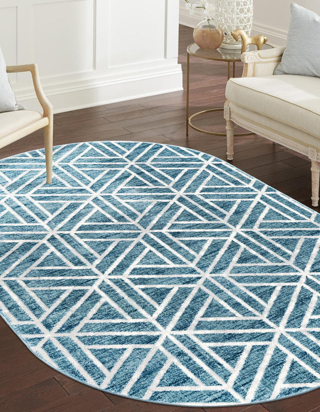 Blue 5' 3 x 8' Matrix Trellis Oval Area Rug 100% Polyester Geometric Pattern Modern Carpet for Living, Dining, Bedroom, Office for Sale at Rug Engine