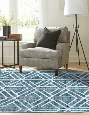 Blue 5' 3 x 8' Matrix Trellis Oval Area Rug 100% Polyester Geometric Pattern Modern Carpet for Living, Dining, Bedroom, Office for Sale at Rug Engine