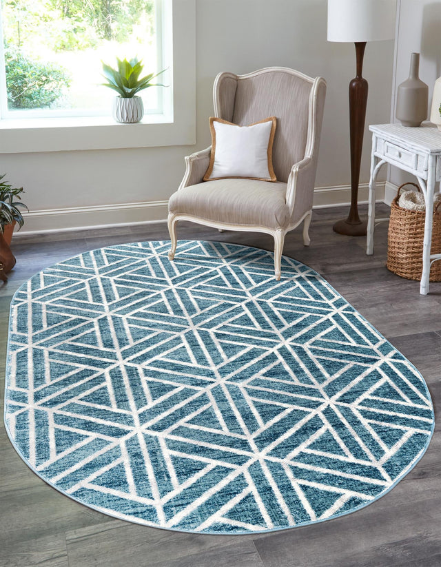 Blue 5' 3 x 8' Matrix Trellis Oval Area Rug 100% Polyester Geometric Pattern Modern Carpet for Living, Dining, Bedroom, Office for Sale at Rug Engine